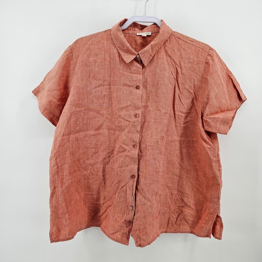 Eileen Fisher Button Down Shirt Women XL Terracotta Organic Linen Short Sleeve